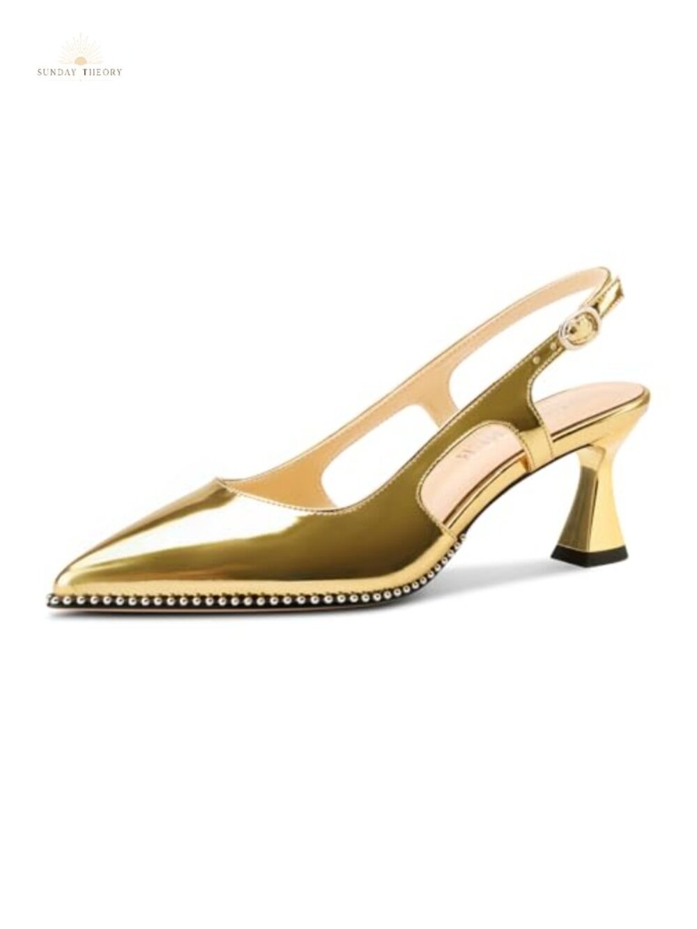 Kitten Heel Pointed Toe Slingback Beaded Patent Leather Pumps Prom Heels